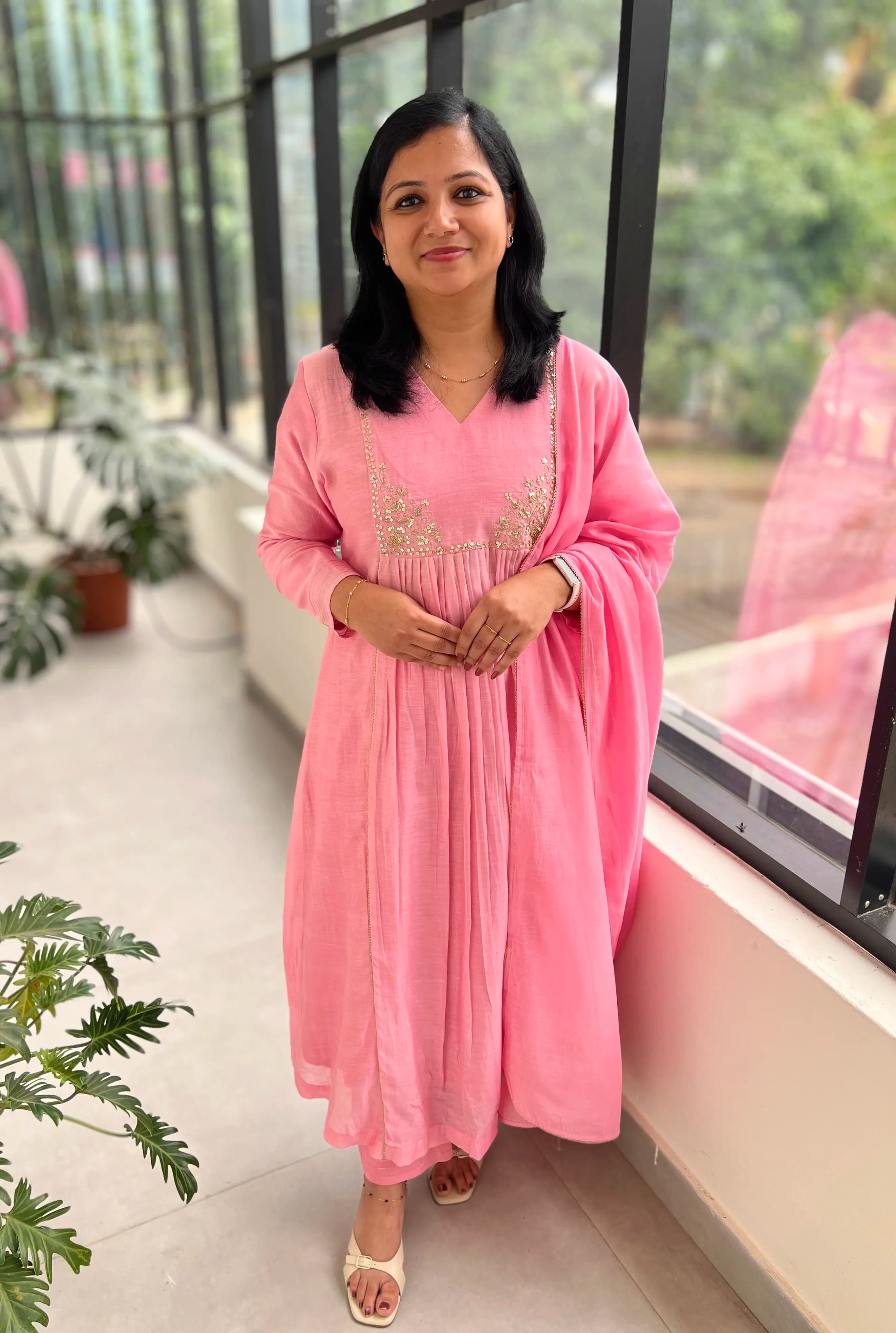 Premium 3 Piece Set In Pure Mul Chanderi - Pink
