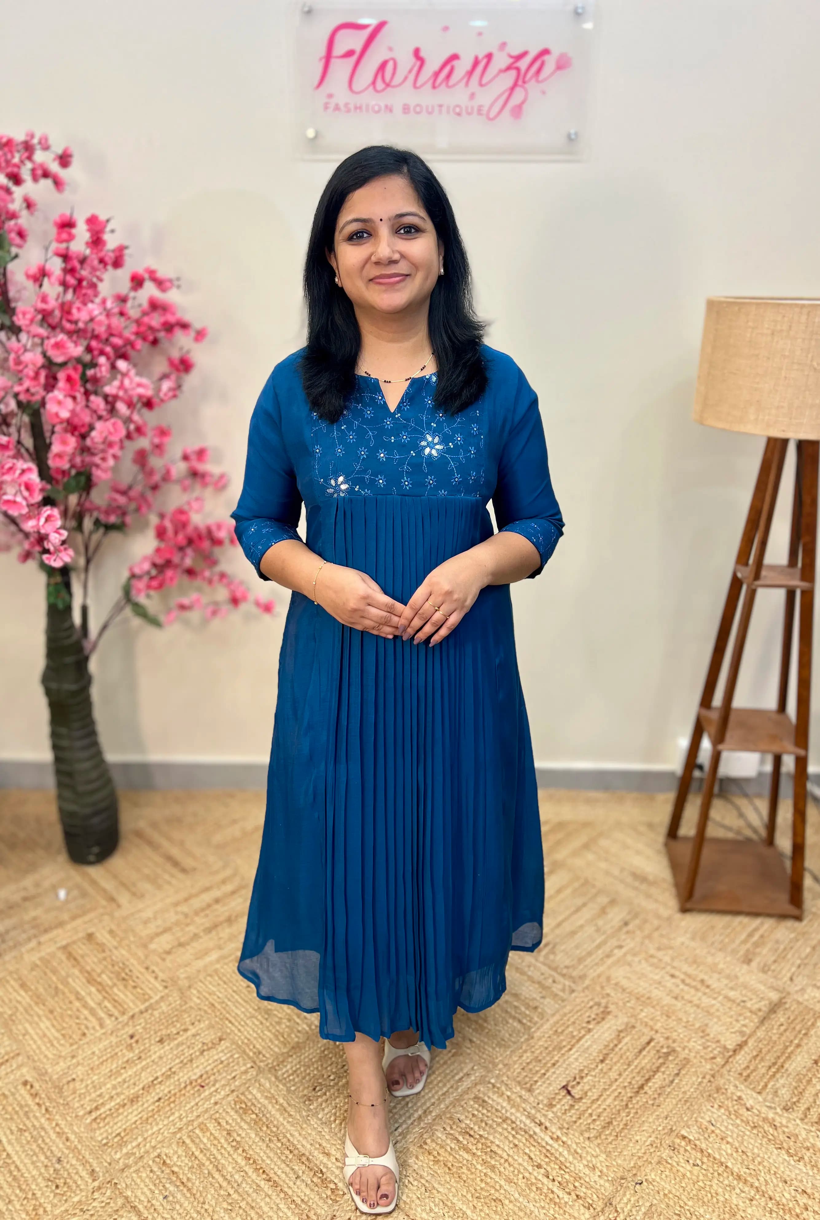 Aline Kurti in Mul-Chanderi - Dark Teal Blue